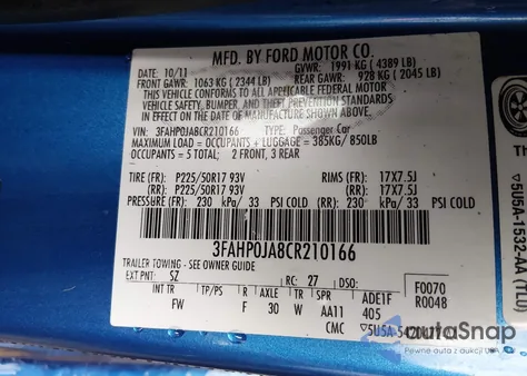 2012 Ford Fusion Sel из США, поврежденный, VIN 3FAHP0JA8CR210166